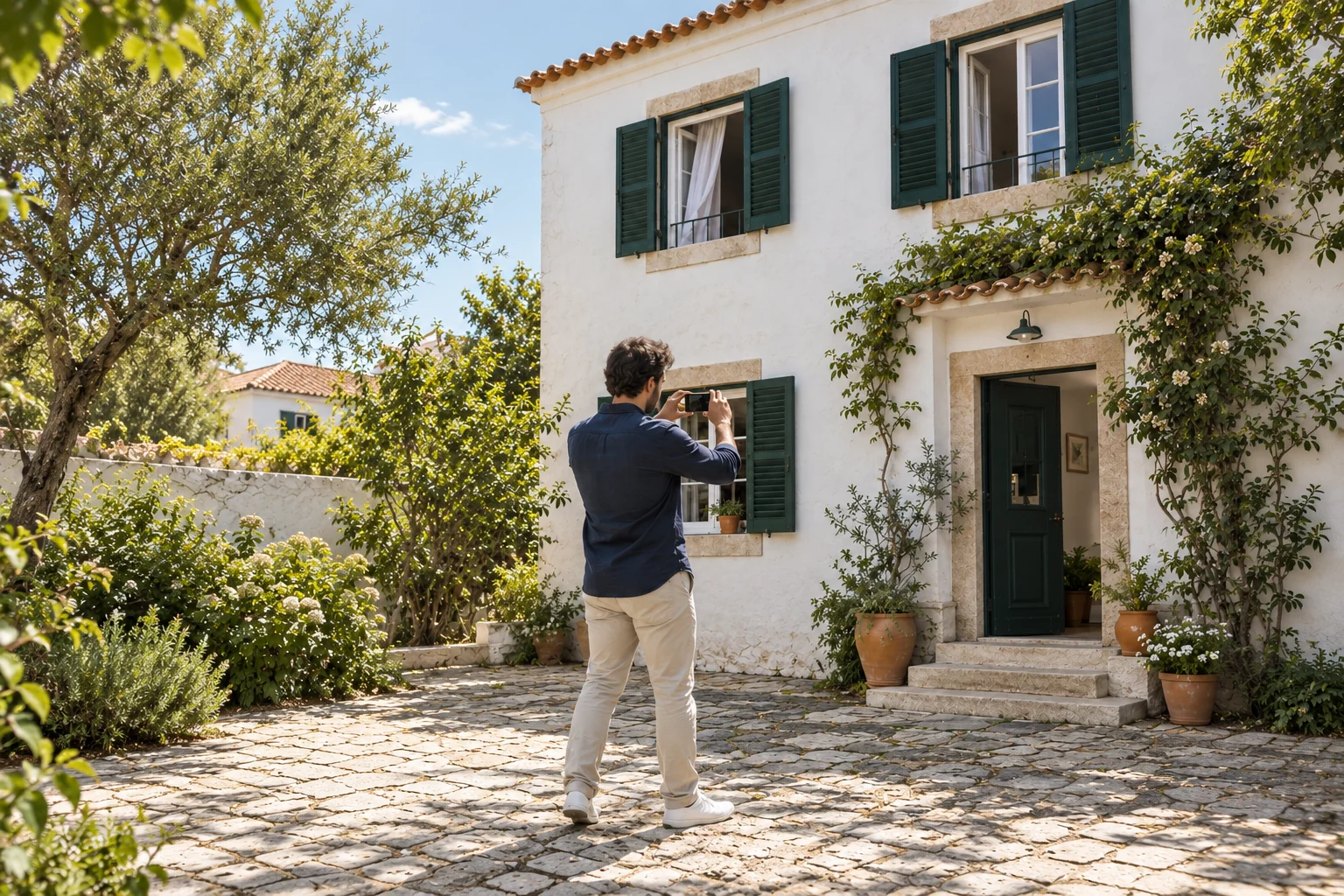 Man photographing a white Portuguese house with green shutters
